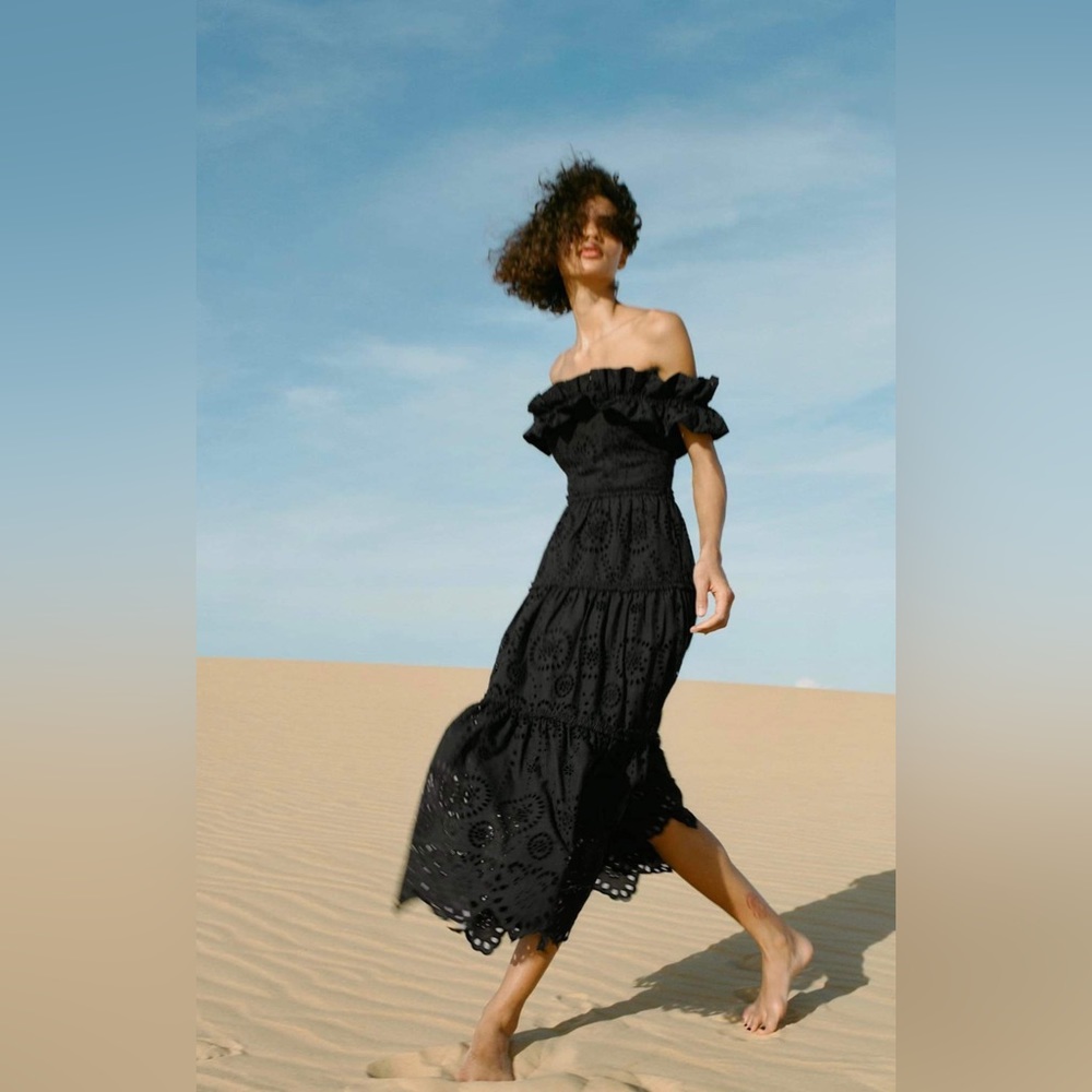 Zara Black Off-Shoulder Eyelet Midi Dress